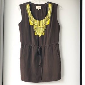 NWOT Redbird Silk Brown Tunic w/ Yellow Embroidery